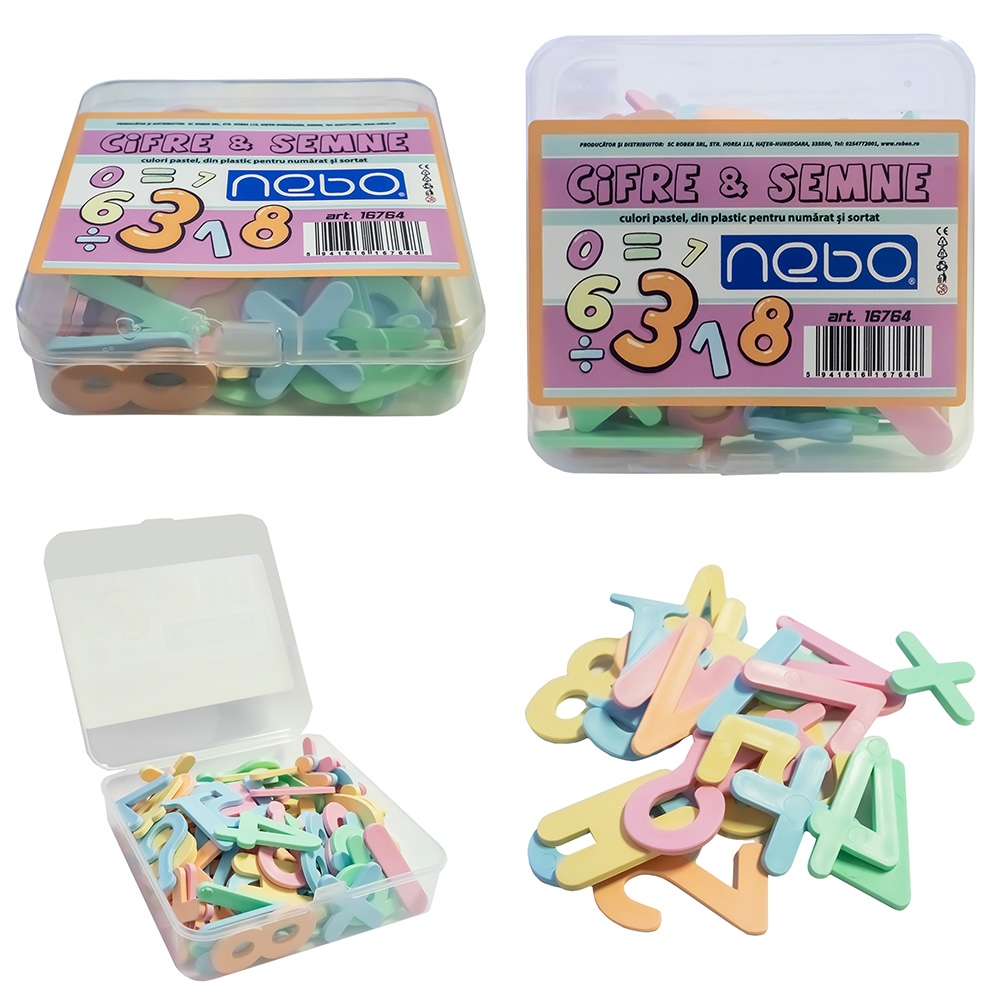 Cifre si semne din plastic, culori pastel, 90 buc/set - NEBO