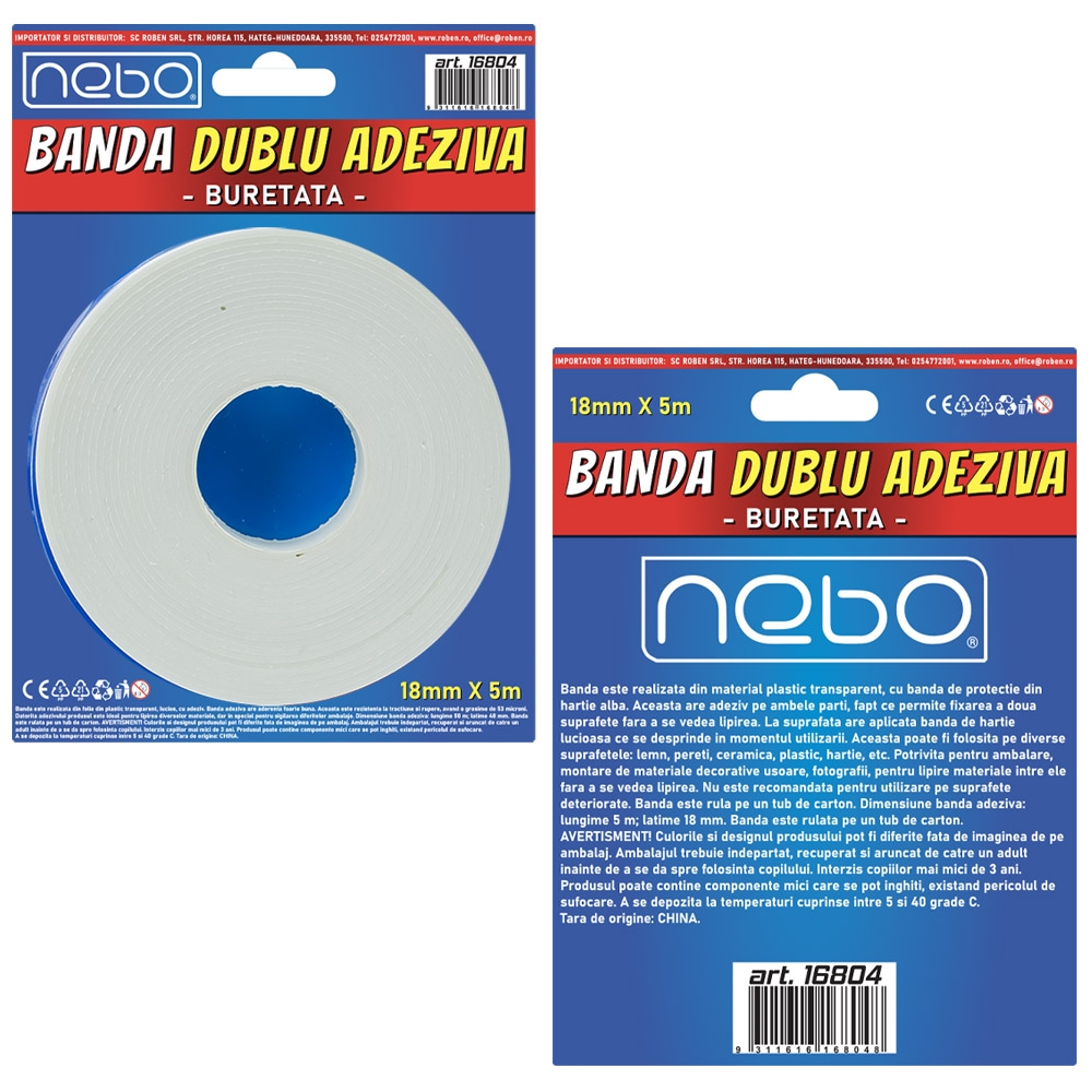Banda dublu adeziva - buretata, 18mmx5m - NEBO